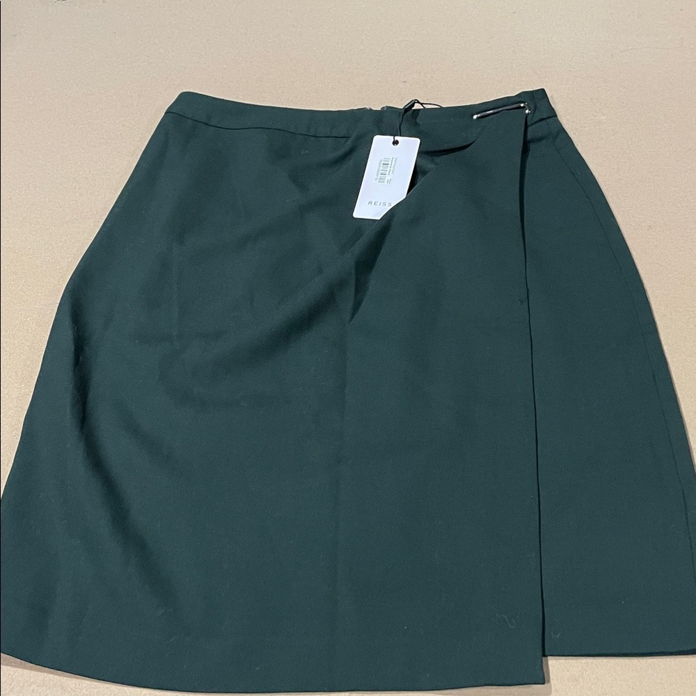 NWT Reiss Bottle Green Tailored Skirt faux wrap size 6 wool polyester elastine